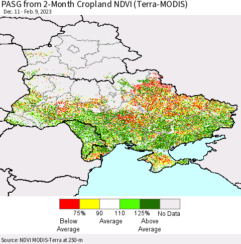 Ukraine, Moldova and Belarus PASG from 2-Month Cropland NDVI (Terra-MODIS) Thematic Map For 2/2/2023 - 2/9/2023