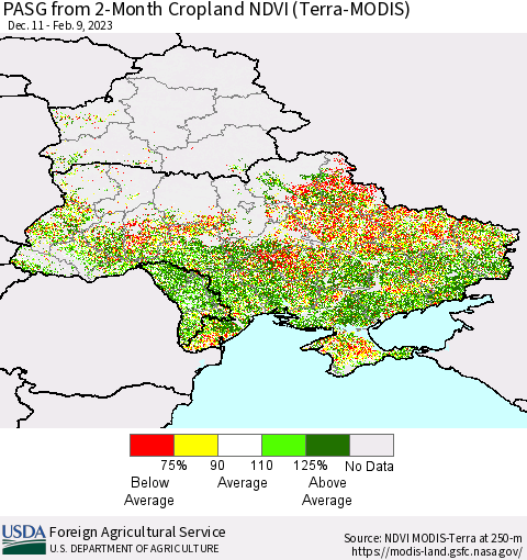 Ukraine, Moldova and Belarus PASG from 2-Month Cropland NDVI (Terra-MODIS) Thematic Map For 2/1/2023 - 2/10/2023