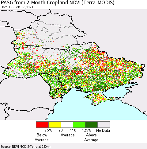 Ukraine, Moldova and Belarus PASG from 2-Month Cropland NDVI (Terra-MODIS) Thematic Map For 2/10/2023 - 2/17/2023