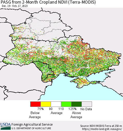 Ukraine, Moldova and Belarus PASG from 2-Month Cropland NDVI (Terra-MODIS) Thematic Map For 2/11/2023 - 2/20/2023