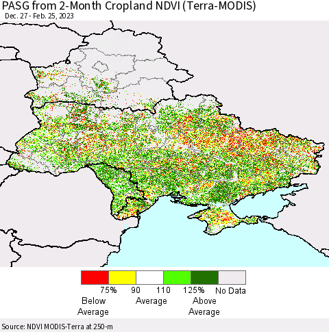 Ukraine, Moldova and Belarus PASG from 2-Month Cropland NDVI (Terra-MODIS) Thematic Map For 2/18/2023 - 2/25/2023