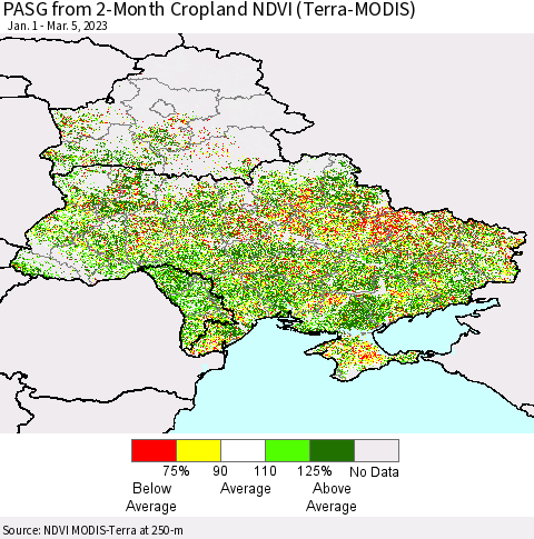 Ukraine, Moldova and Belarus PASG from 2-Month Cropland NDVI (Terra-MODIS) Thematic Map For 2/26/2023 - 3/5/2023
