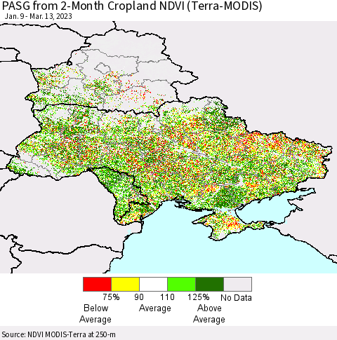 Ukraine, Moldova and Belarus PASG from 2-Month Cropland NDVI (Terra-MODIS) Thematic Map For 3/6/2023 - 3/13/2023