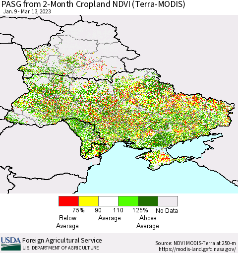 Ukraine, Moldova and Belarus PASG from 2-Month Cropland NDVI (Terra-MODIS) Thematic Map For 3/11/2023 - 3/20/2023