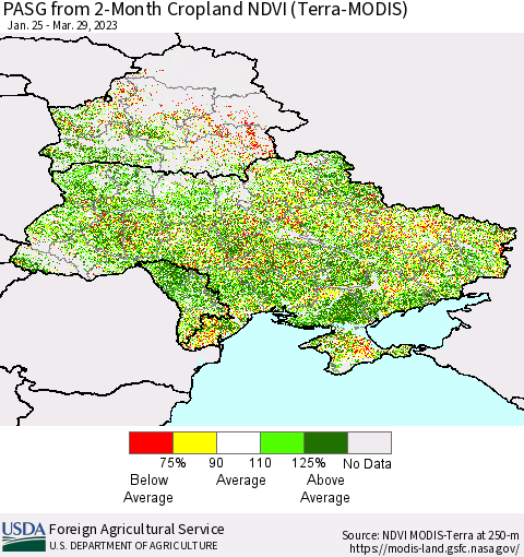 Ukraine, Moldova and Belarus PASG from 2-Month Cropland NDVI (Terra-MODIS) Thematic Map For 3/21/2023 - 3/31/2023