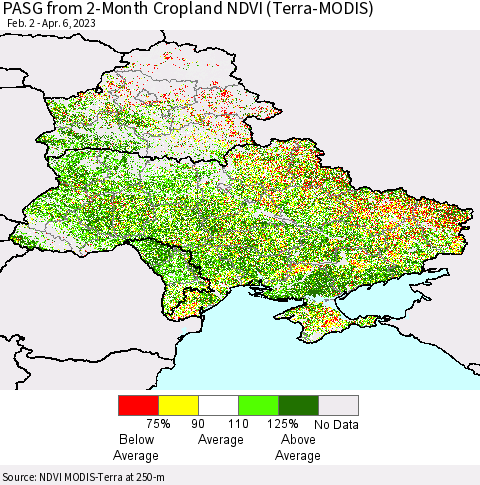 Ukraine, Moldova and Belarus PASG from 2-Month Cropland NDVI (Terra-MODIS) Thematic Map For 3/30/2023 - 4/6/2023