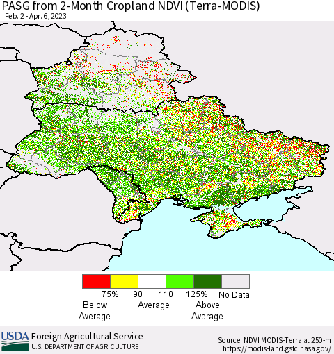 Ukraine, Moldova and Belarus PASG from 2-Month Cropland NDVI (Terra-MODIS) Thematic Map For 4/1/2023 - 4/10/2023