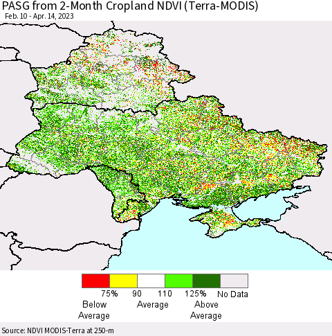 Ukraine, Moldova and Belarus PASG from 2-Month Cropland NDVI (Terra-MODIS) Thematic Map For 4/7/2023 - 4/14/2023