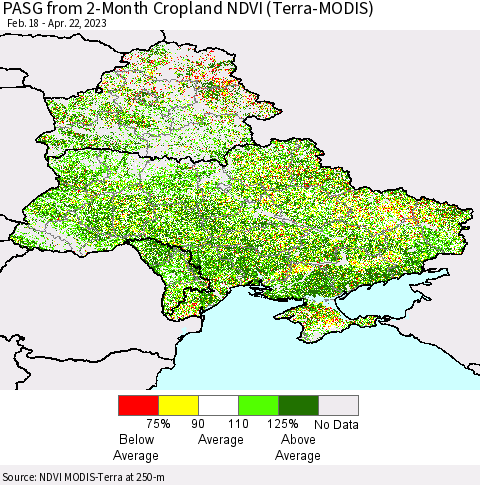 Ukraine, Moldova and Belarus PASG from 2-Month Cropland NDVI (Terra-MODIS) Thematic Map For 4/15/2023 - 4/22/2023