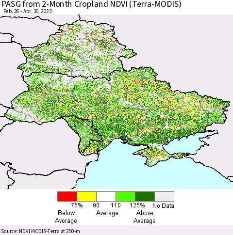 Ukraine, Moldova and Belarus PASG from 2-Month Cropland NDVI (Terra-MODIS) Thematic Map For 4/21/2023 - 4/30/2023