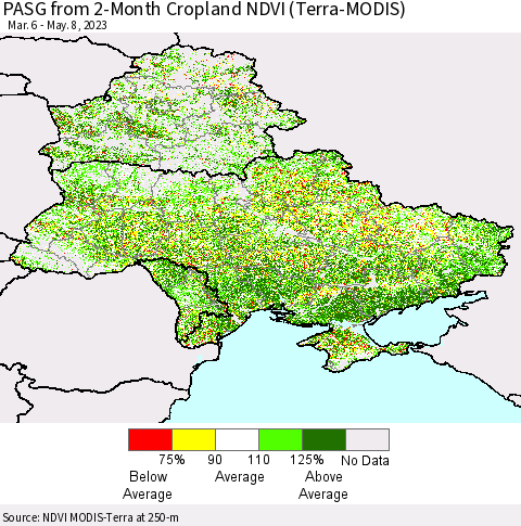 Ukraine, Moldova and Belarus PASG from 2-Month Cropland NDVI (Terra-MODIS) Thematic Map For 5/1/2023 - 5/8/2023