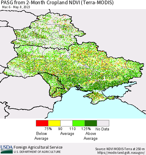 Ukraine, Moldova and Belarus PASG from 2-Month Cropland NDVI (Terra-MODIS) Thematic Map For 5/1/2023 - 5/10/2023