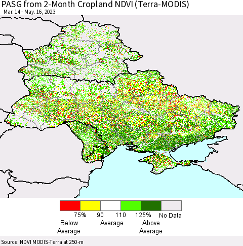 Ukraine, Moldova and Belarus PASG from 2-Month Cropland NDVI (Terra-MODIS) Thematic Map For 5/9/2023 - 5/16/2023
