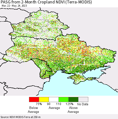 Ukraine, Moldova and Belarus PASG from 2-Month Cropland NDVI (Terra-MODIS) Thematic Map For 5/17/2023 - 5/24/2023