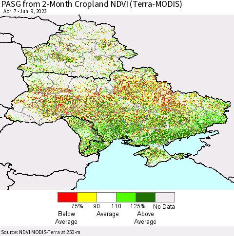 Ukraine, Moldova and Belarus PASG from 2-Month Cropland NDVI (Terra-MODIS) Thematic Map For 6/2/2023 - 6/9/2023