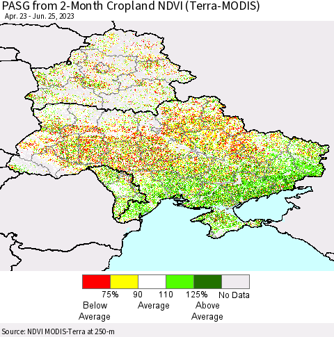 Ukraine, Moldova and Belarus PASG from 2-Month Cropland NDVI (Terra-MODIS) Thematic Map For 6/18/2023 - 6/25/2023