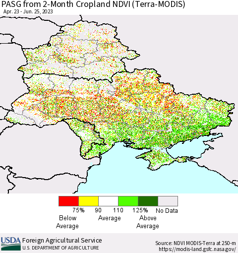 Ukraine, Moldova and Belarus PASG from 2-Month Cropland NDVI (Terra-MODIS) Thematic Map For 6/21/2023 - 6/30/2023