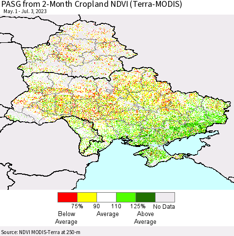 Ukraine, Moldova and Belarus PASG from 2-Month Cropland NDVI (Terra-MODIS) Thematic Map For 6/26/2023 - 7/3/2023