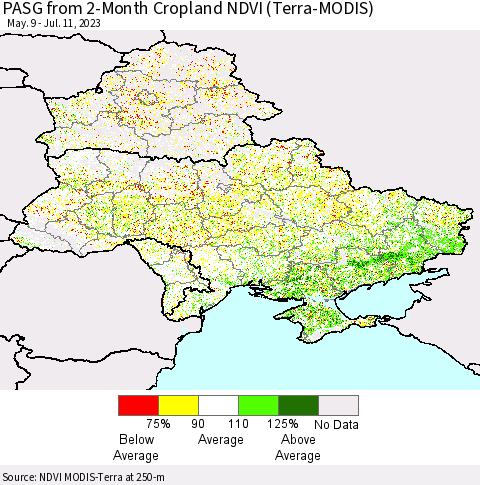 Ukraine, Moldova and Belarus PASG from 2-Month Cropland NDVI (Terra-MODIS) Thematic Map For 7/4/2023 - 7/11/2023
