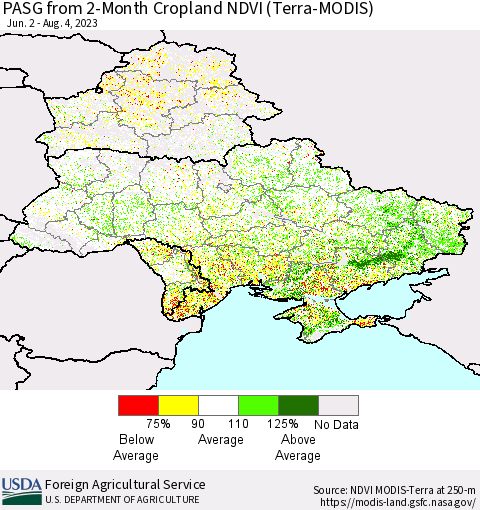 Ukraine, Moldova and Belarus PASG from 2-Month Cropland NDVI (Terra-MODIS) Thematic Map For 8/1/2023 - 8/10/2023