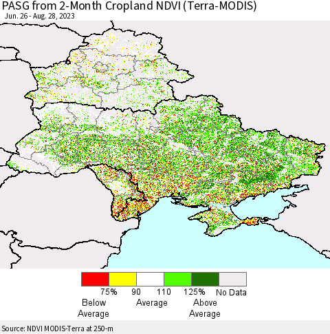 Ukraine, Moldova and Belarus PASG from 2-Month Cropland NDVI (Terra-MODIS) Thematic Map For 8/21/2023 - 8/28/2023
