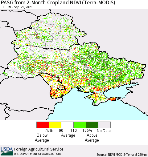 Ukraine, Moldova and Belarus PASG from 2-Month Cropland NDVI (Terra-MODIS) Thematic Map For 9/21/2023 - 9/30/2023