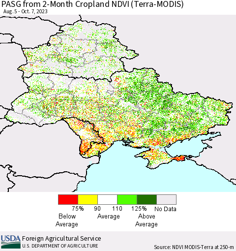 Ukraine, Moldova and Belarus PASG from 2-Month Cropland NDVI (Terra-MODIS) Thematic Map For 10/1/2023 - 10/10/2023
