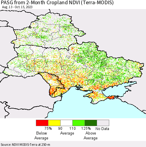 Ukraine, Moldova and Belarus PASG from 2-Month Cropland NDVI (Terra-MODIS) Thematic Map For 10/8/2023 - 10/15/2023