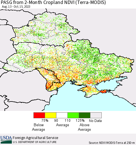 Ukraine, Moldova and Belarus PASG from 2-Month Cropland NDVI (Terra-MODIS) Thematic Map For 10/11/2023 - 10/20/2023