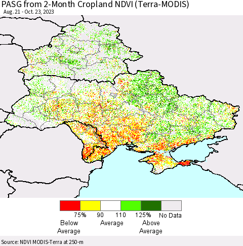 Ukraine, Moldova and Belarus PASG from 2-Month Cropland NDVI (Terra-MODIS) Thematic Map For 10/16/2023 - 10/23/2023