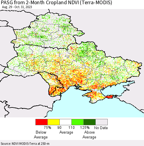Ukraine, Moldova and Belarus PASG from 2-Month Cropland NDVI (Terra-MODIS) Thematic Map For 10/21/2023 - 10/31/2023