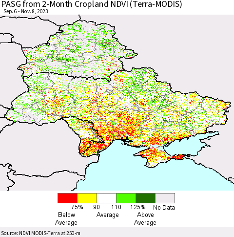 Ukraine, Moldova and Belarus PASG from 2-Month Cropland NDVI (Terra-MODIS) Thematic Map For 11/1/2023 - 11/8/2023