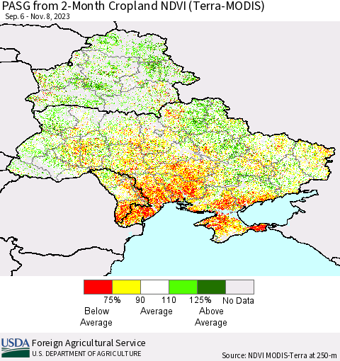 Ukraine, Moldova and Belarus PASG from 2-Month Cropland NDVI (Terra-MODIS) Thematic Map For 11/1/2023 - 11/10/2023