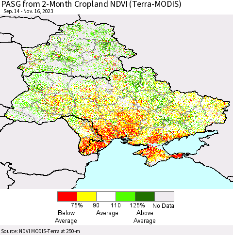 Ukraine, Moldova and Belarus PASG from 2-Month Cropland NDVI (Terra-MODIS) Thematic Map For 11/9/2023 - 11/16/2023