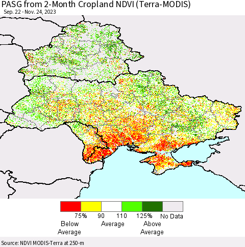 Ukraine, Moldova and Belarus PASG from 2-Month Cropland NDVI (Terra-MODIS) Thematic Map For 11/17/2023 - 11/24/2023