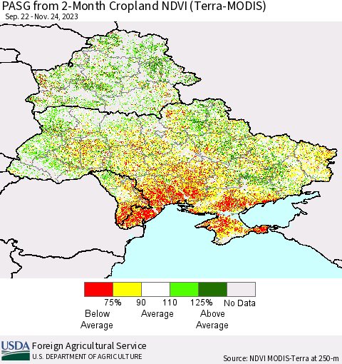 Ukraine, Moldova and Belarus PASG from 2-Month Cropland NDVI (Terra-MODIS) Thematic Map For 11/21/2023 - 11/30/2023