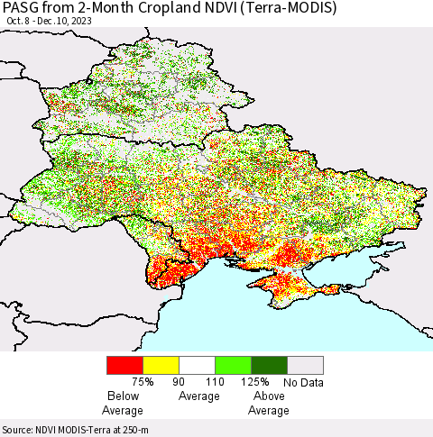 Ukraine, Moldova and Belarus PASG from 2-Month Cropland NDVI (Terra-MODIS) Thematic Map For 12/3/2023 - 12/10/2023