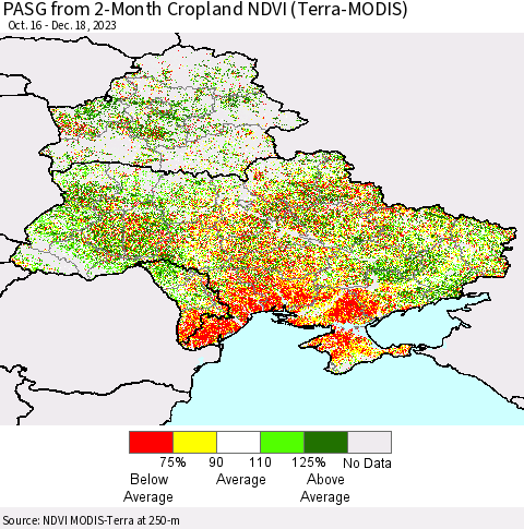 Ukraine, Moldova and Belarus PASG from 2-Month Cropland NDVI (Terra-MODIS) Thematic Map For 12/11/2023 - 12/18/2023