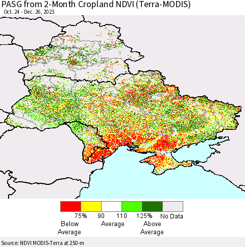 Ukraine, Moldova and Belarus PASG from 2-Month Cropland NDVI (Terra-MODIS) Thematic Map For 12/19/2023 - 12/26/2023