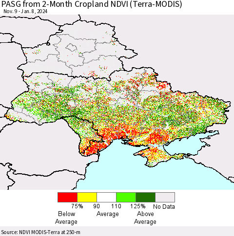Ukraine, Moldova and Belarus PASG from 2-Month Cropland NDVI (Terra-MODIS) Thematic Map For 1/1/2024 - 1/8/2024