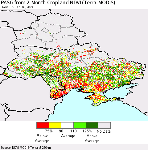Ukraine, Moldova and Belarus PASG from 2-Month Cropland NDVI (Terra-MODIS) Thematic Map For 1/9/2024 - 1/16/2024