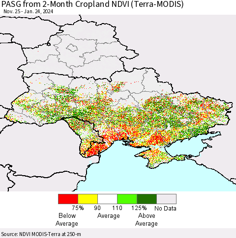 Ukraine, Moldova and Belarus PASG from 2-Month Cropland NDVI (Terra-MODIS) Thematic Map For 1/17/2024 - 1/24/2024