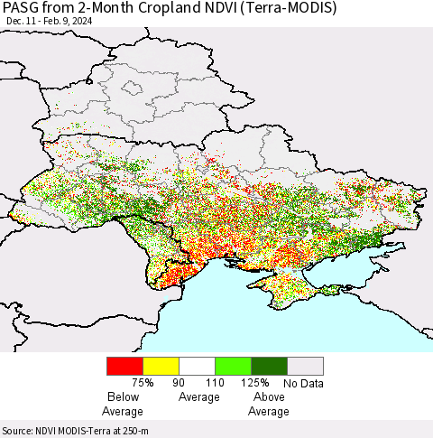 Ukraine, Moldova and Belarus PASG from 2-Month Cropland NDVI (Terra-MODIS) Thematic Map For 2/2/2024 - 2/9/2024