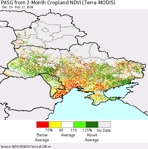Ukraine, Moldova and Belarus PASG from 2-Month Cropland NDVI (Terra-MODIS) Thematic Map For 2/10/2024 - 2/17/2024