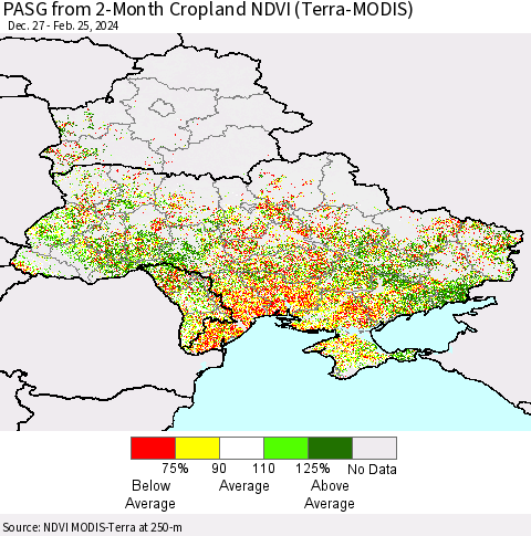 Ukraine, Moldova and Belarus PASG from 2-Month Cropland NDVI (Terra-MODIS) Thematic Map For 2/18/2024 - 2/25/2024