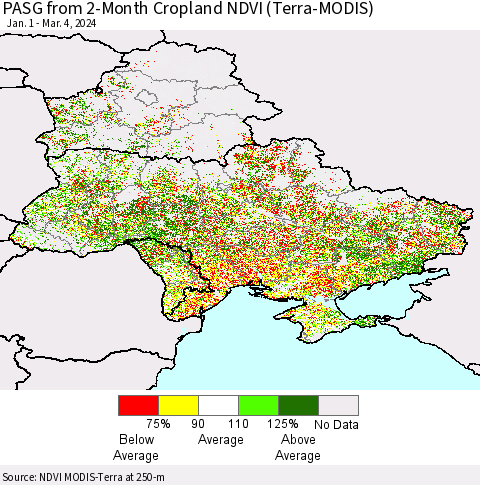 Ukraine, Moldova and Belarus PASG from 2-Month Cropland NDVI (Terra-MODIS) Thematic Map For 2/26/2024 - 3/4/2024