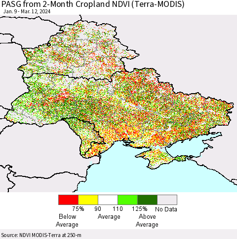 Ukraine, Moldova and Belarus PASG from 2-Month Cropland NDVI (Terra-MODIS) Thematic Map For 3/5/2024 - 3/12/2024
