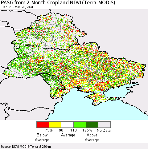 Ukraine, Moldova and Belarus PASG from 2-Month Cropland NDVI (Terra-MODIS) Thematic Map For 3/21/2024 - 3/28/2024