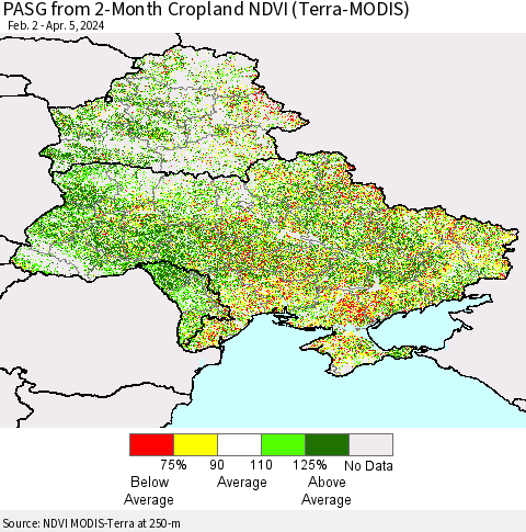 Ukraine, Moldova and Belarus PASG from 2-Month Cropland NDVI (Terra-MODIS) Thematic Map For 3/29/2024 - 4/5/2024