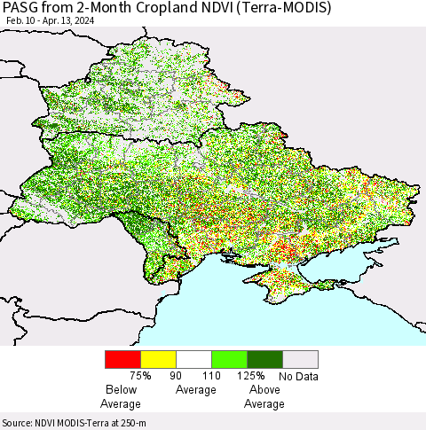 Ukraine, Moldova and Belarus PASG from 2-Month Cropland NDVI (Terra-MODIS) Thematic Map For 4/6/2024 - 4/13/2024